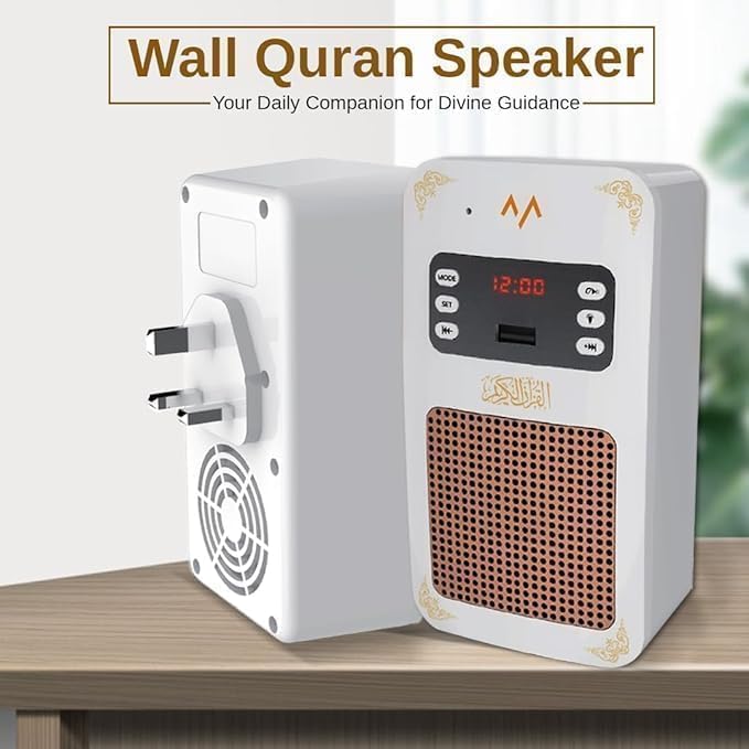 Smart Wall Plug Quran Speaker With Remote Control, Wall-Mounted Holy Quran Speaker with Translation LED light, Radio, Usb & SD Card Support Azan Speaker for Home, School
