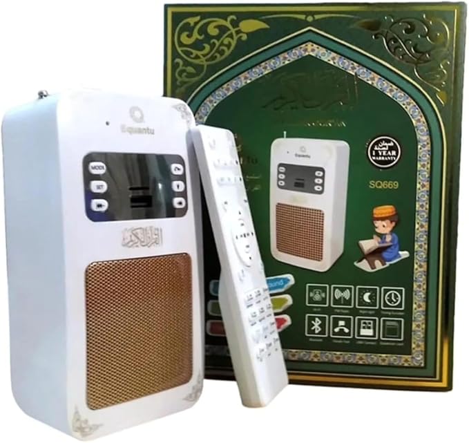 Smart Wall Plug Quran Speaker With Remote Control, Wall-Mounted Holy Quran Speaker with Translation LED light, Radio, Usb & SD Card Support Azan Speaker for Home, School