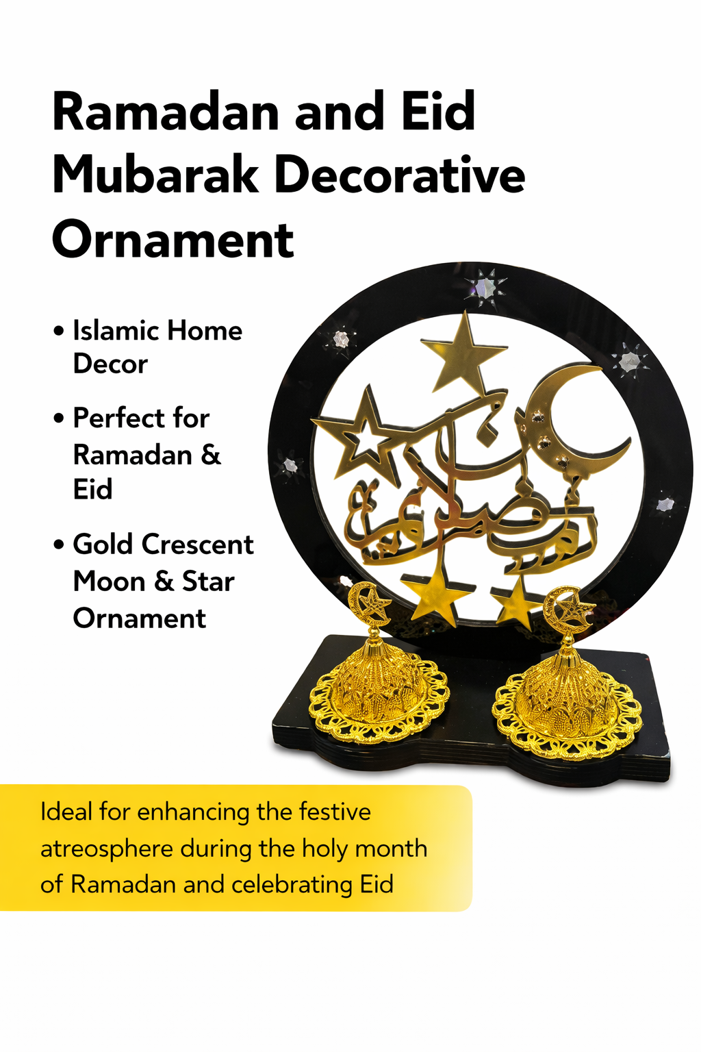 Ramadan Mubarak Table Decoration – Islamic Eid Decor Crescent Moon & Star Ornament with Arabic Calligraphy, Luxury Home Ramadan & Eid Mubarak Decoration